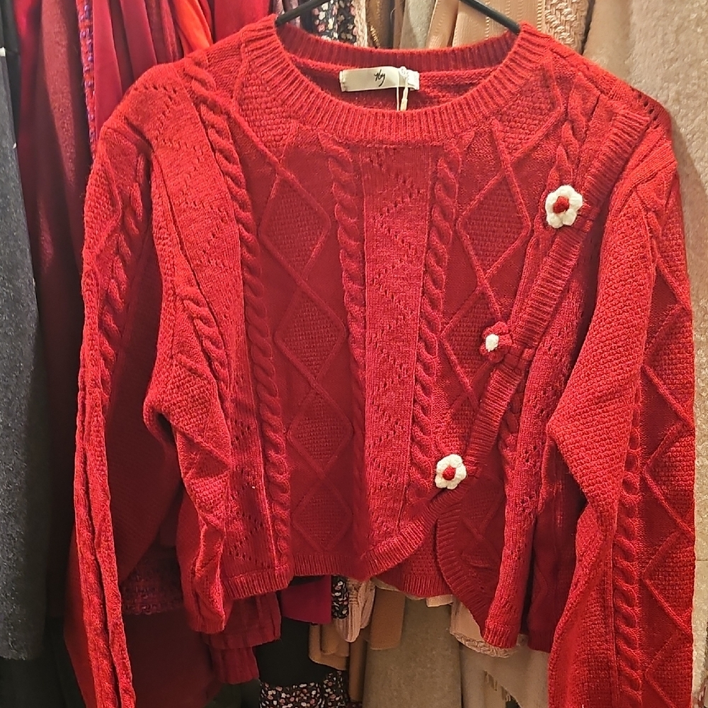 Red cropped sweater Cable Knit Sweater with Floral Accents